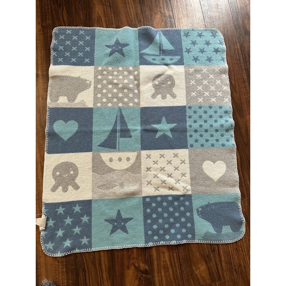 David Fussenegger Blue Octopus Sailboat‎ Bear Organic Baby Blanket RARE Austria